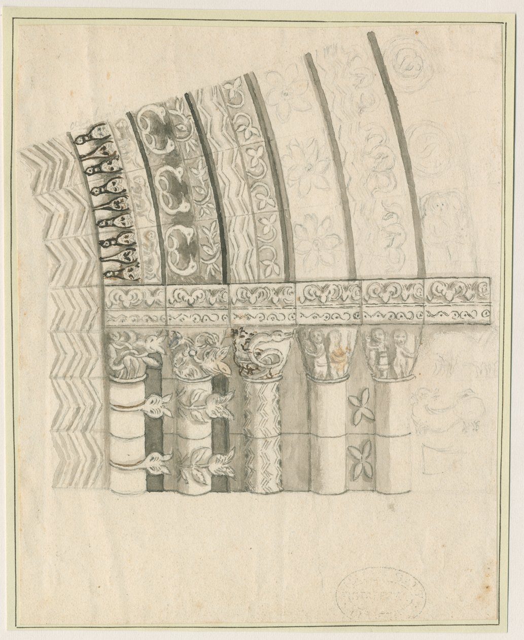 Tutbury Priory Church - West Doorway: penn- och sepiateckning, nd [1762-1802] av Stebbing Shaw