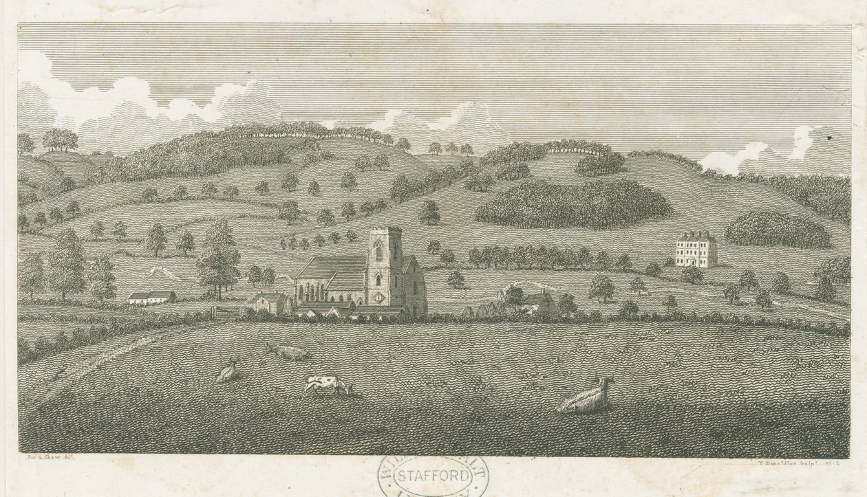 Wolseley - Colwich Church och Oakedge House: gravyr av Stebbing Shaw