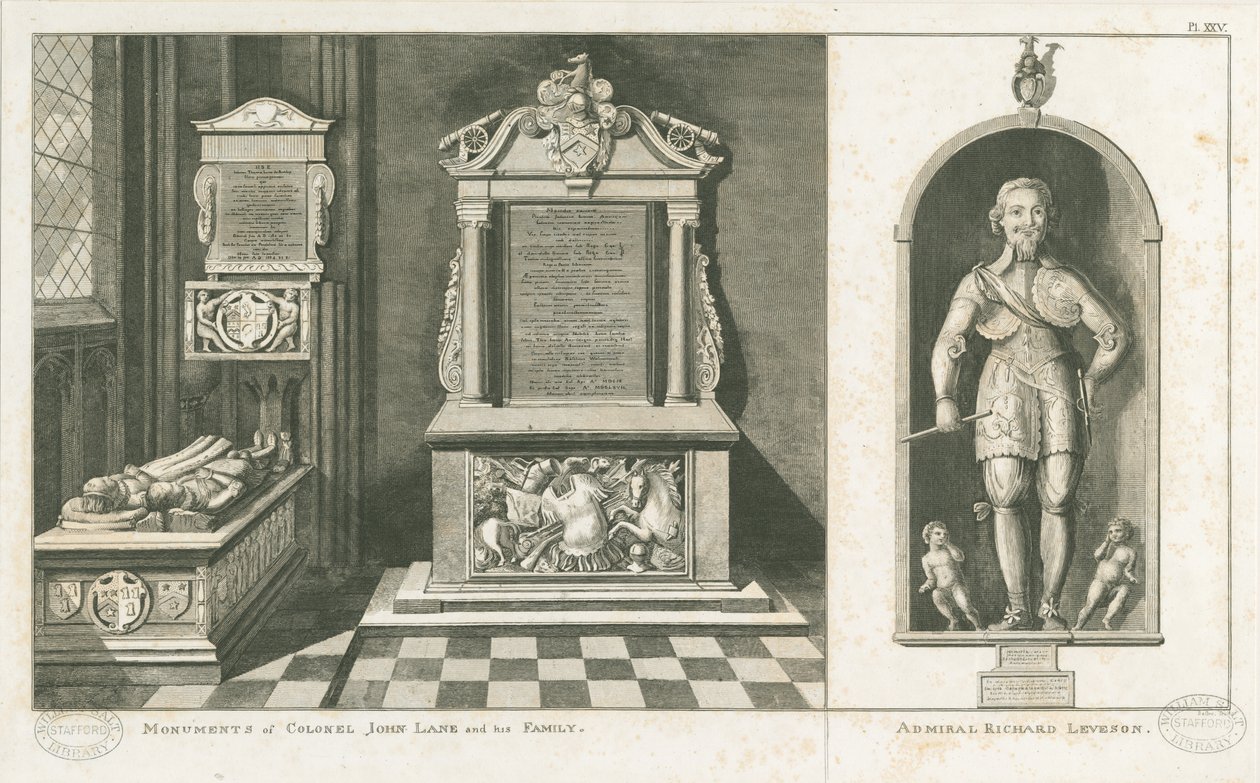 Wolverhampton - Monument över överste John Lane och amiral Richard Leveson: gravyr, nd [c 1798] (tryck) av Stebbing Shaw