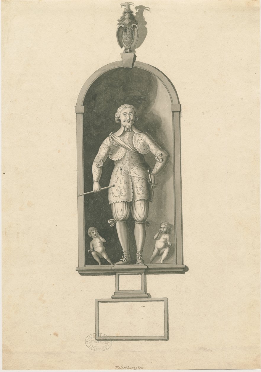 Wolverhampton - Staty av amiral Richard Leveson i Peterskyrkan: ritning med penna och tvätt, nd [sent 1700-tal] (teckning) av Stebbing Shaw