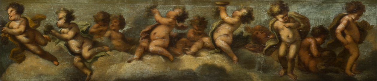 Putti disporting, c.1655-72 (papper nedlagt på duk med glasskydd) av Stefano (after) Magnasco