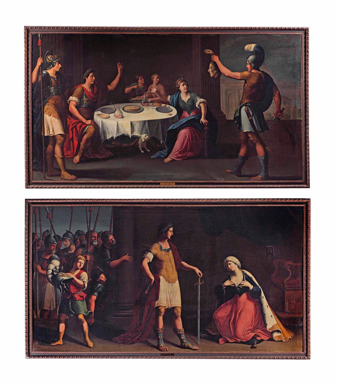 Pompejus huvud överlämnade till Caesar; och Octavius Augustus Caesar visar barmhärtighet mot Cleopatra (olja på duk) av Stefano (attr.) Tofanelli