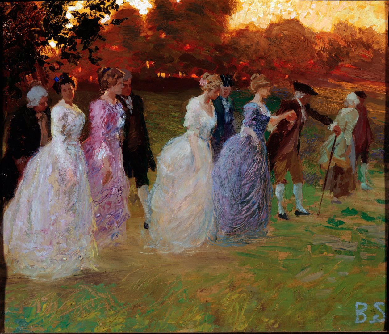 Slottets återkomst Eleganta ungdomar som återvänder från en världslig händelse (fest eller mottagning) (Återvänder från palatset) Målning av Stefano Baghino (1881-1920) gener, Galleria d