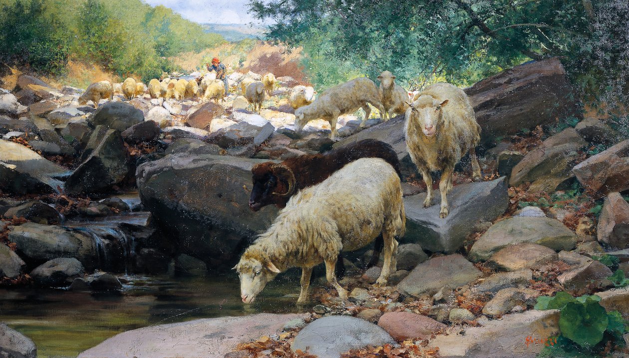 Flockvattning vid Restano ström, målning av Stefano Bruzzi (1835-1911), Italien av Stefano Bruzzi