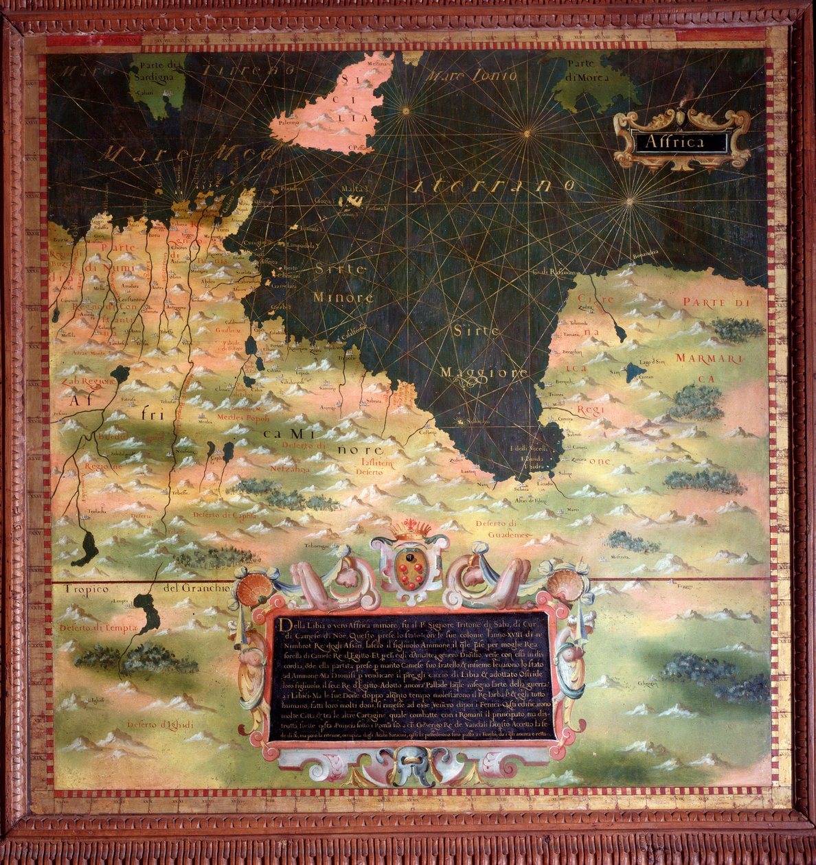 Afique du Nord: Cyrenaic and Marmarique Region Map lavet af Stefano Bonsignori (? -1589) italiensk kosmograf og maler. Omkring 1581. Firenze, Palazzo Vecchio, Sala del Mappamondoswed av Stefano Buonsignori
