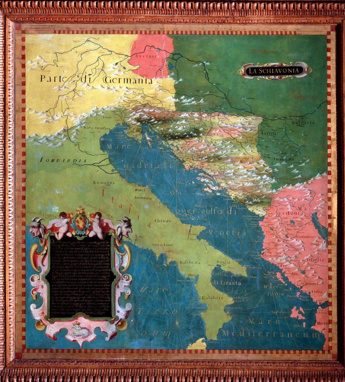 Italien och Jugoslavien (slaviska länder) Karta gjord av Stefano Bonsignori (? -1589) italiensk kosmograf och målare. Omkring 1581. Florens, Palazzo Vecchio, Sala del Mappamondo av Stefano Buonsignori