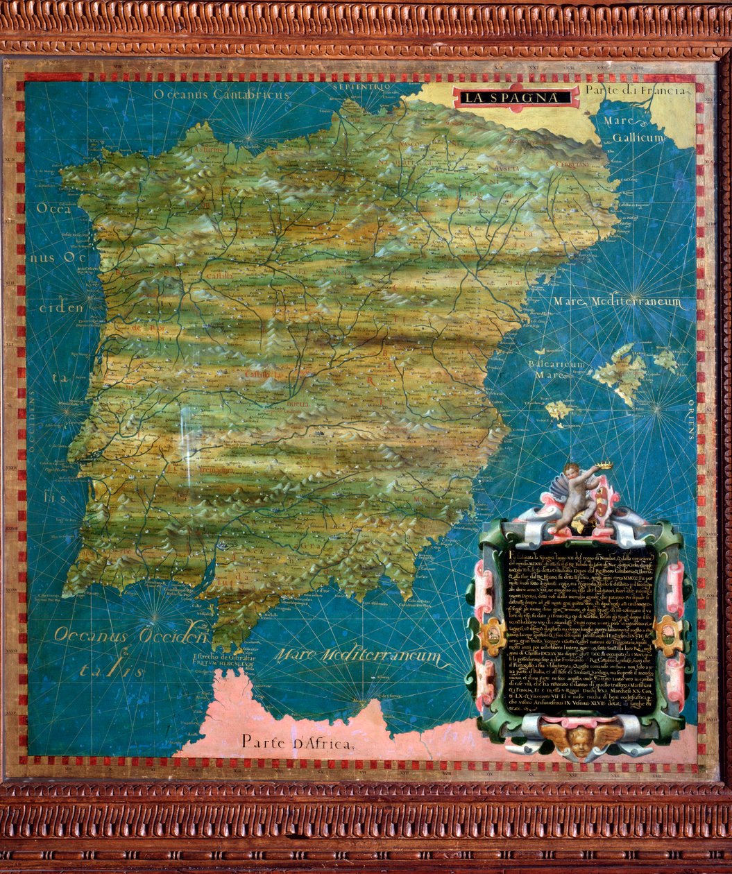 Spanien och Portugal Karta gjord av Stefano Bonsignori (? -1589) italiensk kosmograf och målare. Omkring 1581. Florens, Palazzo Vecchio, Sala del Mappamondo av Stefano Buonsignori
