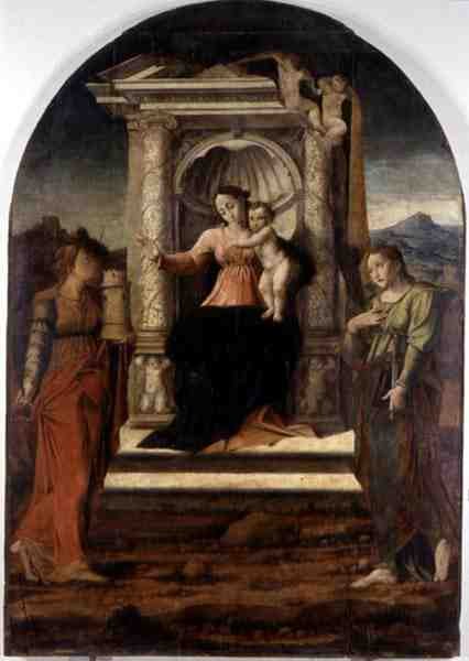Madonna Enthroned with St. Barbara and St. Lucia (olja på panel) av Stefano Giordano
