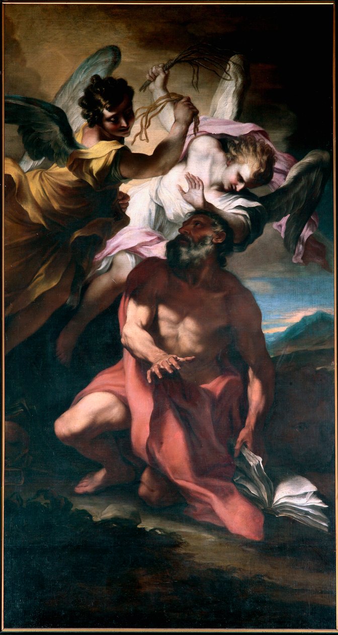 Saint Jerome flagella av änglar Målning av Stefano Maria Legnani (il Legnanino) (1660-1715) Gener, San Girolamo-kyrkan av Stefano Maria Legnani