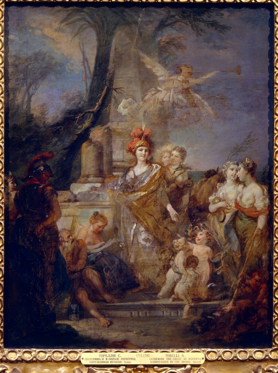 Kejsarinnan Katarina II (1729-1796) som Minerva i musernas krets. Målning av Stefano Torelli (1712-1784), olja på duk. italiensk konst av Stefano Torelli