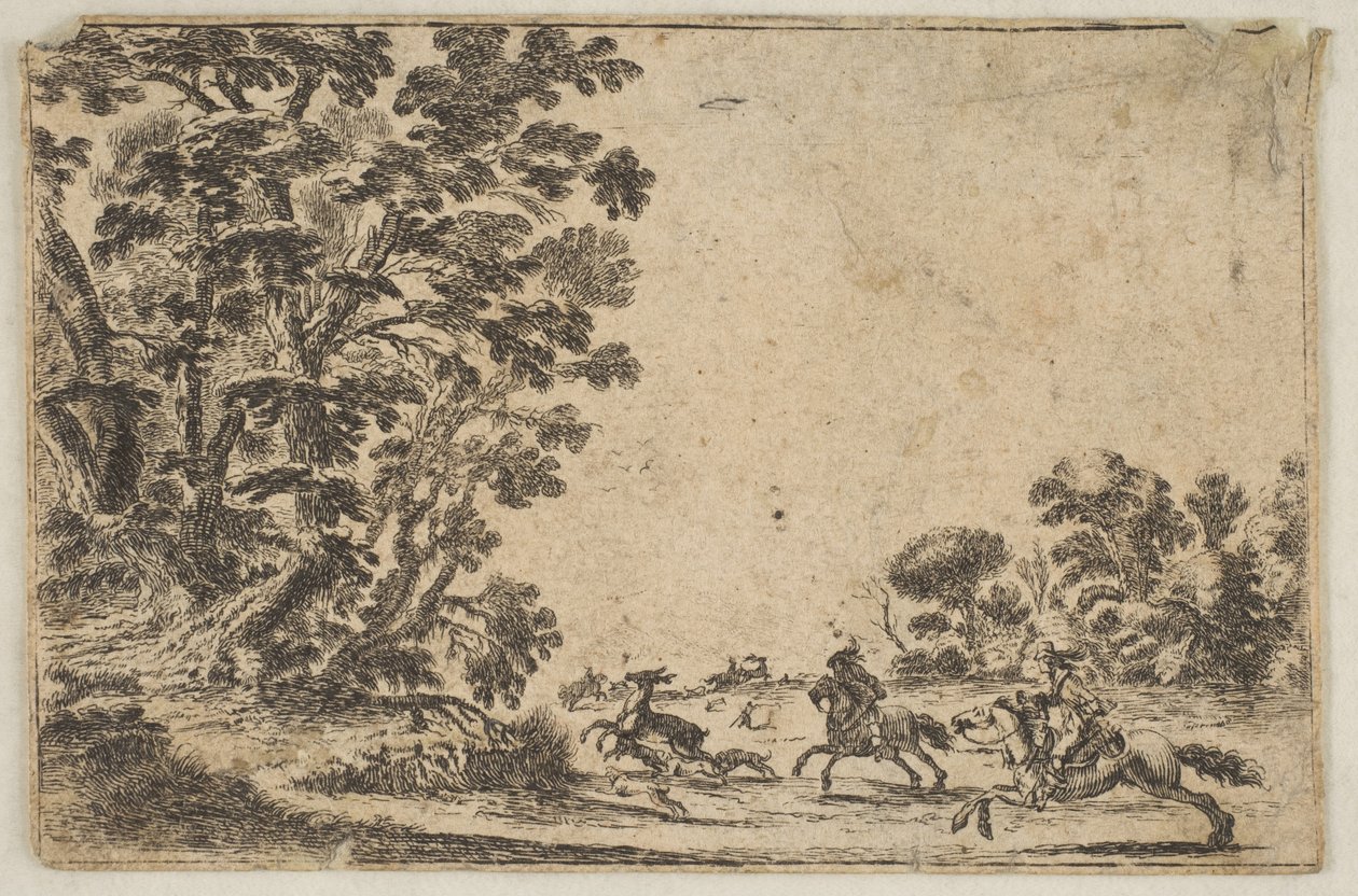 Plåt 4: en hjortjakt, två ryttare som galopperar mot höger bakom tre hundar och ..., efter 1642. Skapare: Stefano della Bella, Okänd. av Stefano della Bella
