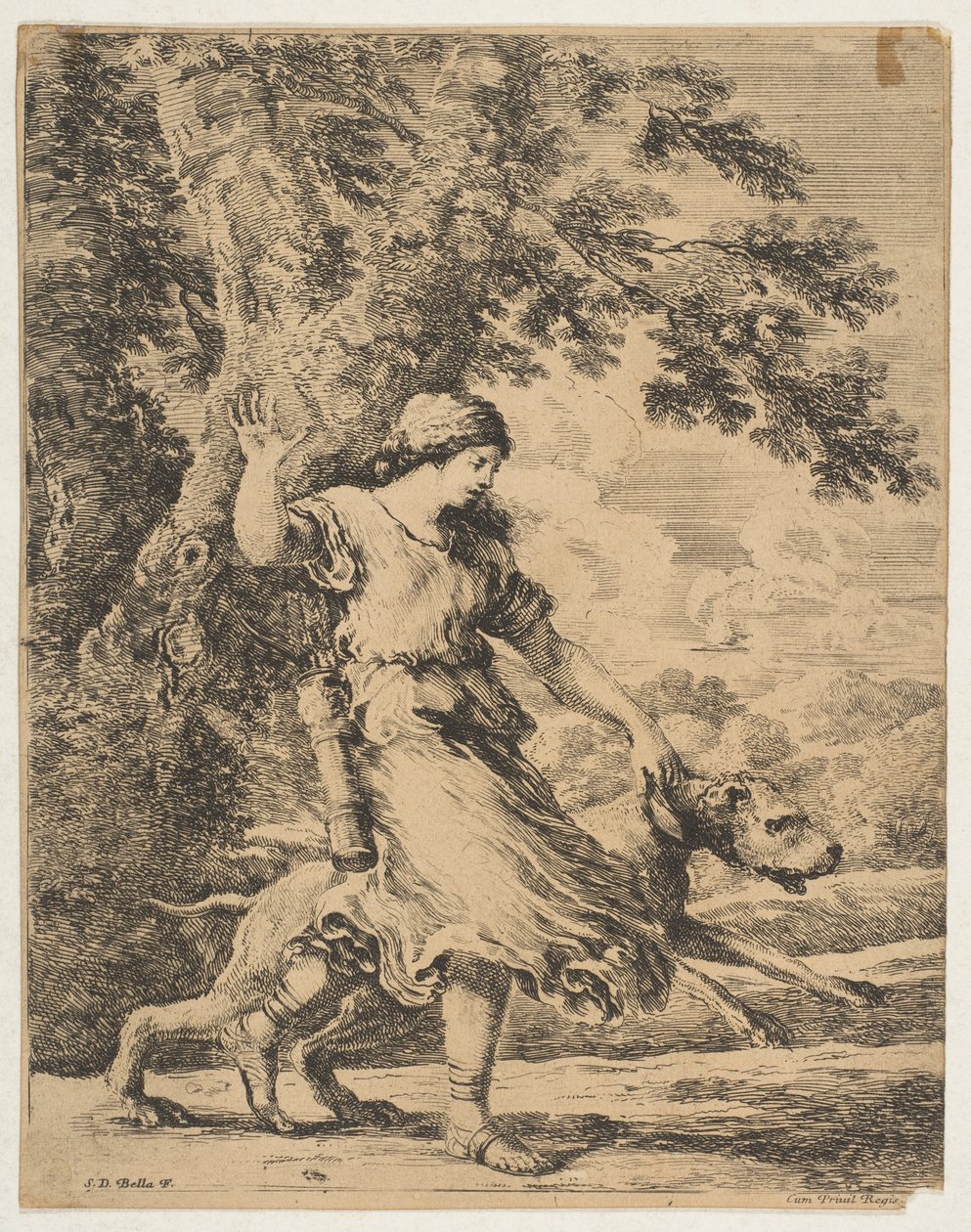 En nymf som håller en stor hund i halsbandet, ca. 1654. av Stefano della Bella