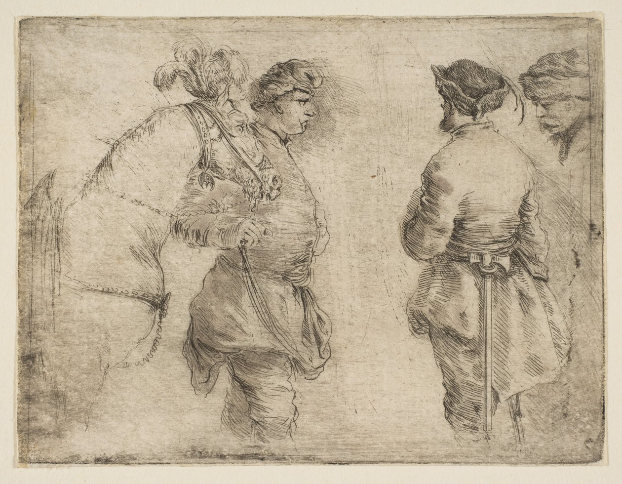 En påle som leder en häst vid tränsen och talar med två andra män, ca. 1662. av Stefano della Bella