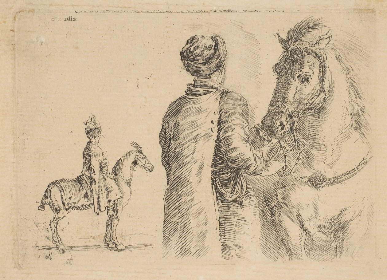 En polsk brudgum, från baksidan, håller en häst i tränsen, ca. 1662. av Stefano della Bella