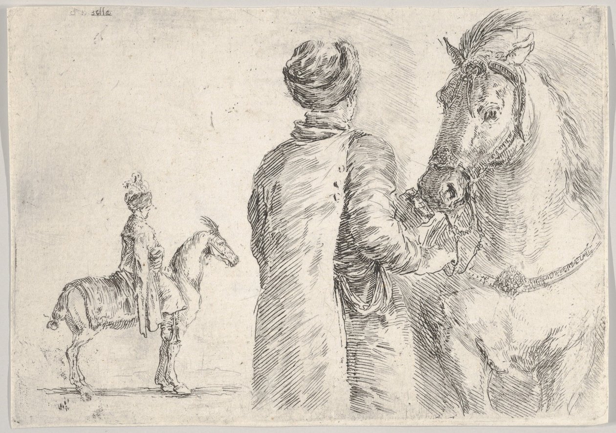 En polsk betjänt, sedd bakifrån, håller tygeln på en häst åt höger, en polsk hor..., ca. 1662. av Stefano della Bella