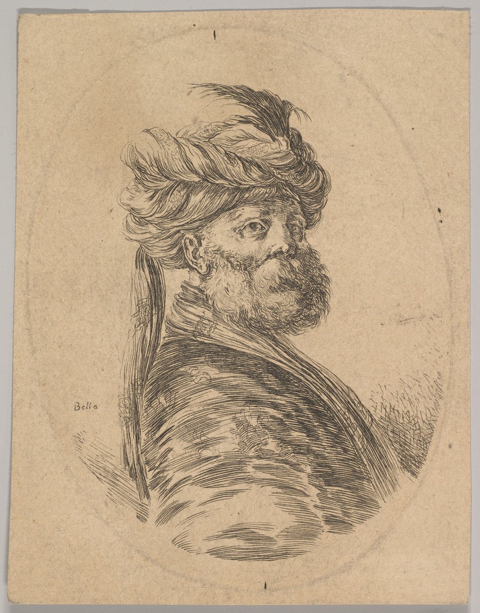 En turkisk man med skägg och turban med en lång fjäder fram, blev trekvart..., 1650. av Stefano della Bella