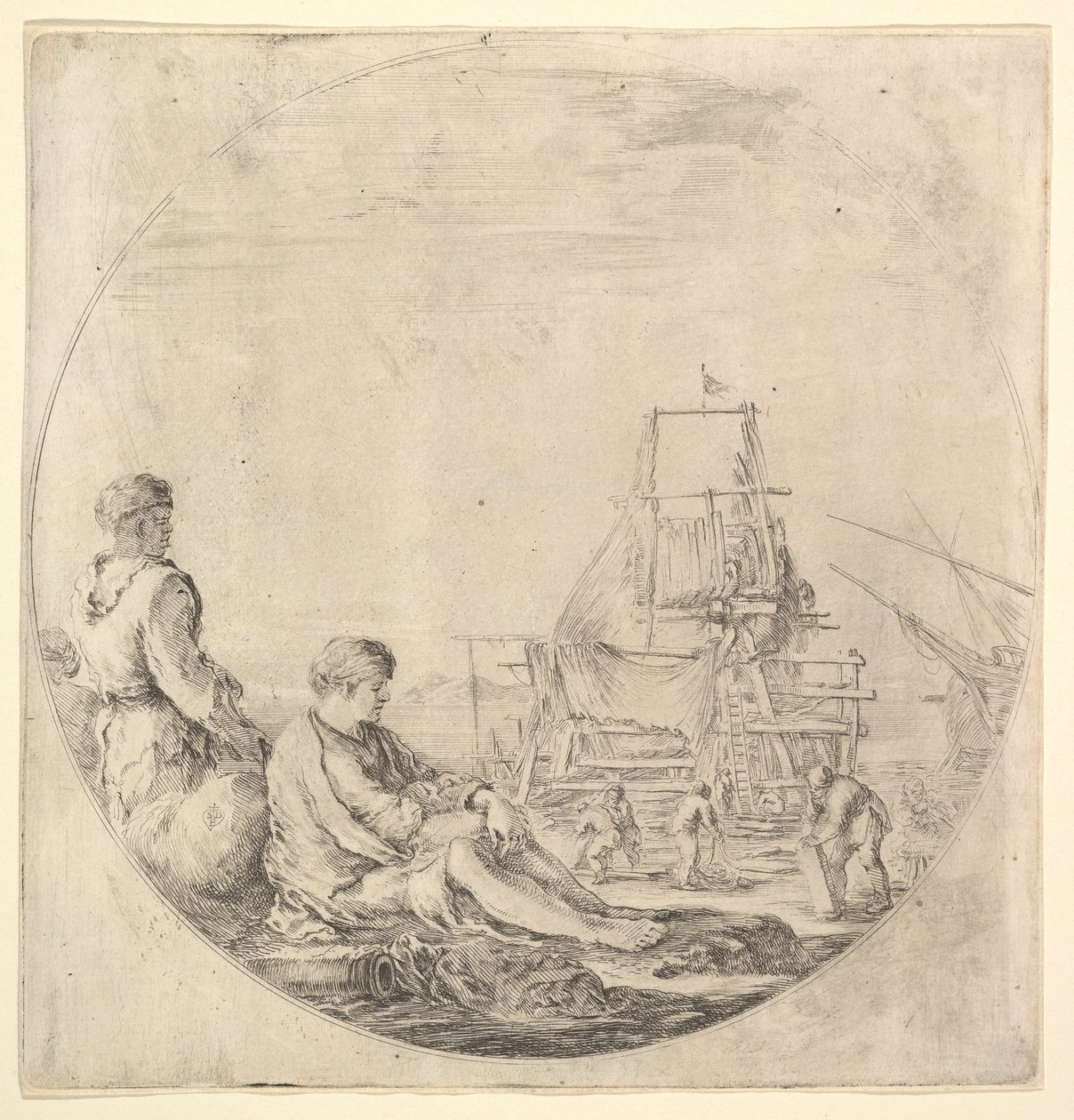 En svart sjöman stående till vänster, i profil till höger, en vit sjöman sittande i ..., ca. 1658-63. av Stefano della Bella