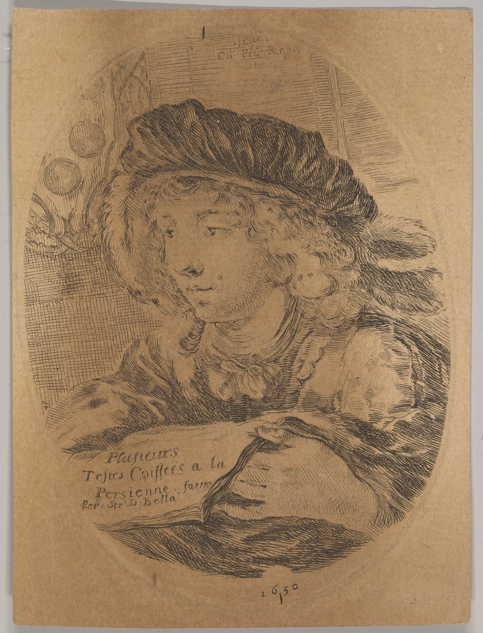 En byst av en ung man som bär en keps med fjädrar, vände tre fjärdedelar åt vänster, ..., 1650. av Stefano della Bella
