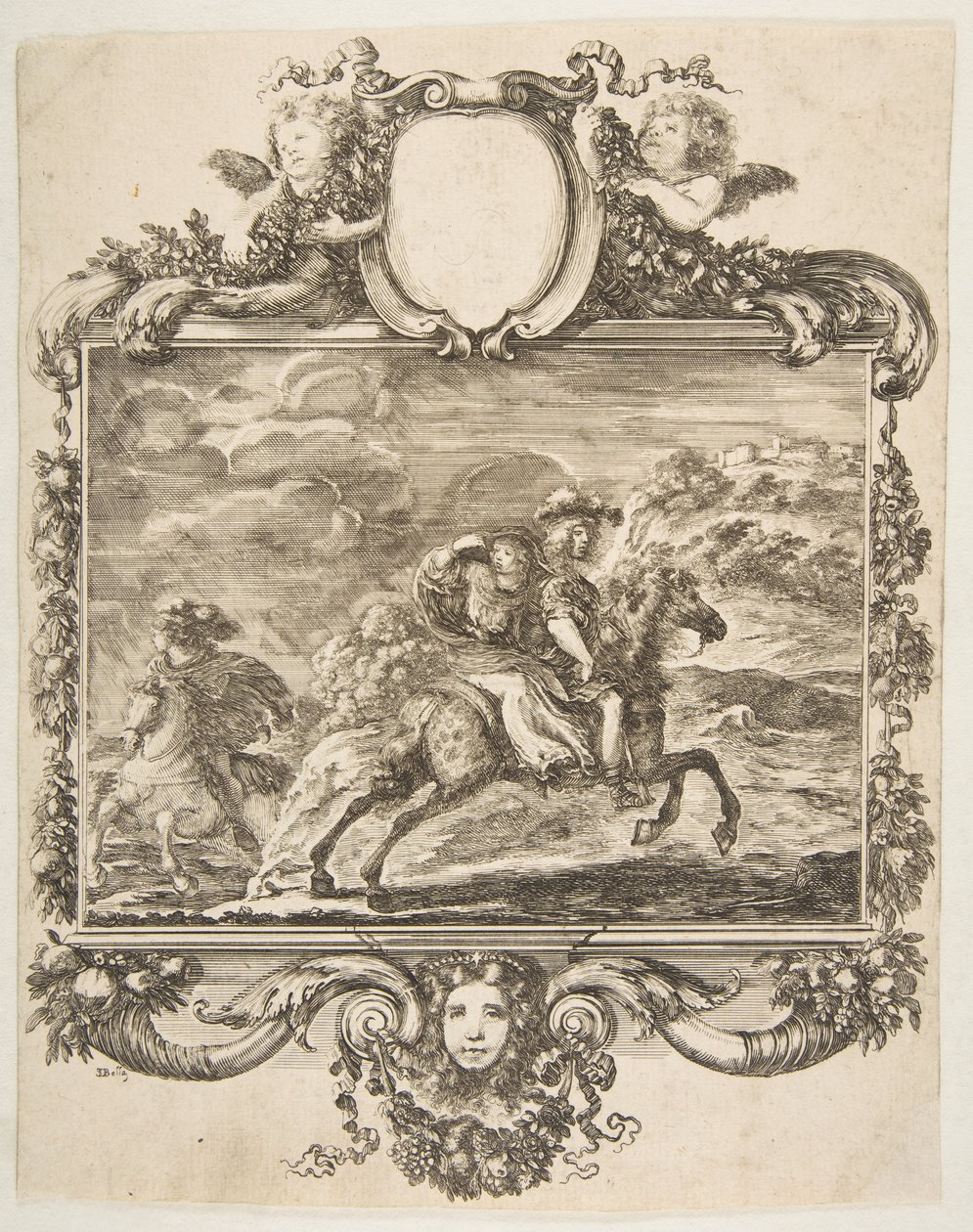 En kavaljer och en dam till häst, inom en utsmyckad bård dekorerad med frukt och c..., ca. 1655. av Stefano della Bella