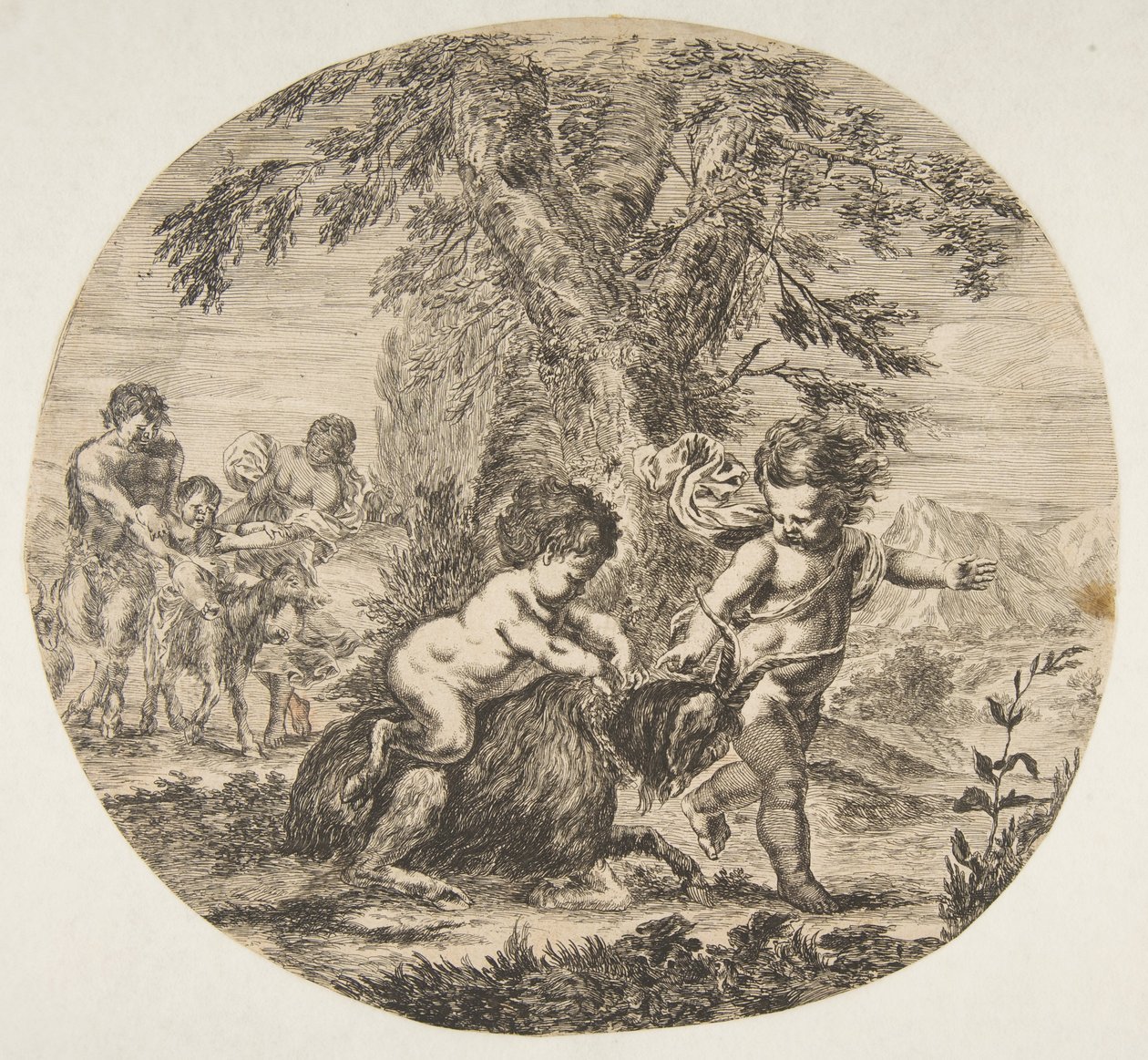Ett barn och ett satyrbarn som leker med en get, ca. 1657. av Stefano della Bella