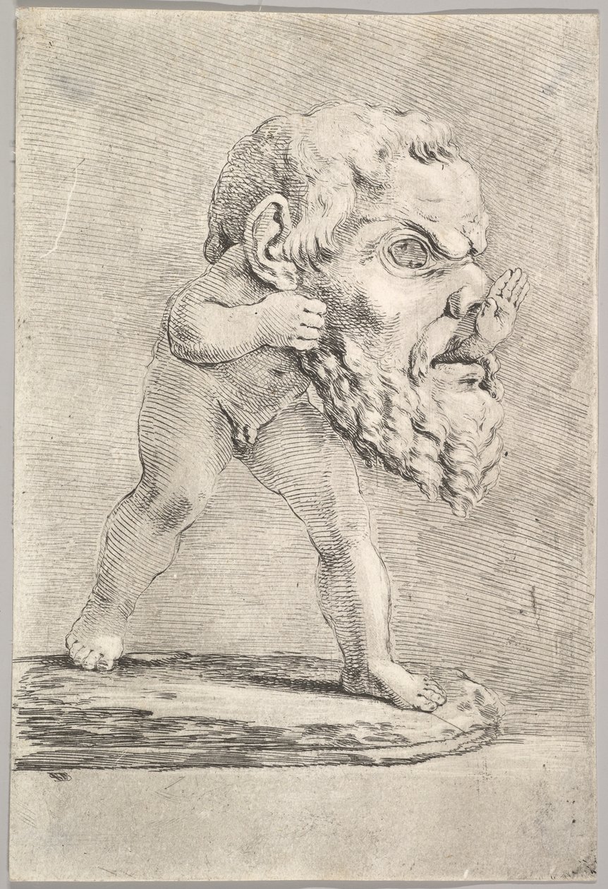 Ett barn som bär en stor mask och för sin hand genom munnen, ca. 1660. av Stefano della Bella