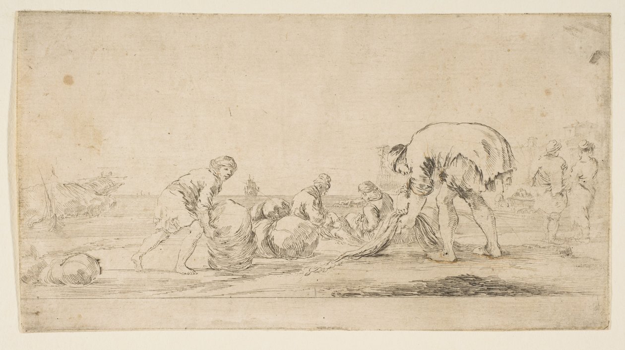 En fiskare som tar in sina nät, en man till vänster som skjuter en bal till höger, tvåsits..., ca. 1662. av Stefano della Bella