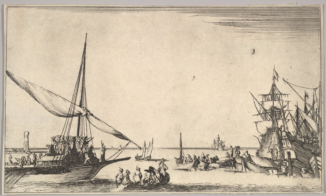 En pentry som anländer till hamn till vänster, flera roddbåtar i mitten, fartyg i hamn till höger, från..., 1639. av Stefano della Bella