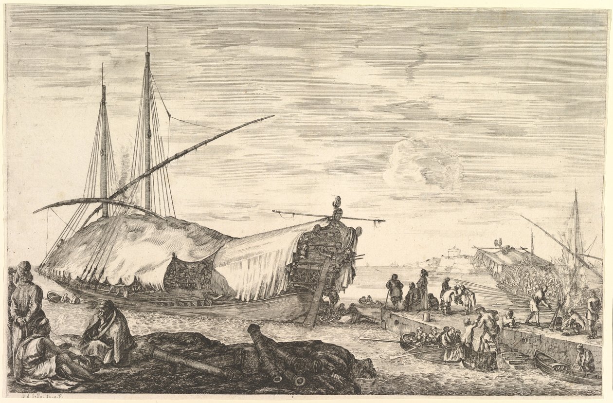 Ett pentry täckt av segel till vänster, sex kanoner och fyra personer till vänster i förgrunden..., ca. 1652-57. av Stefano della Bella