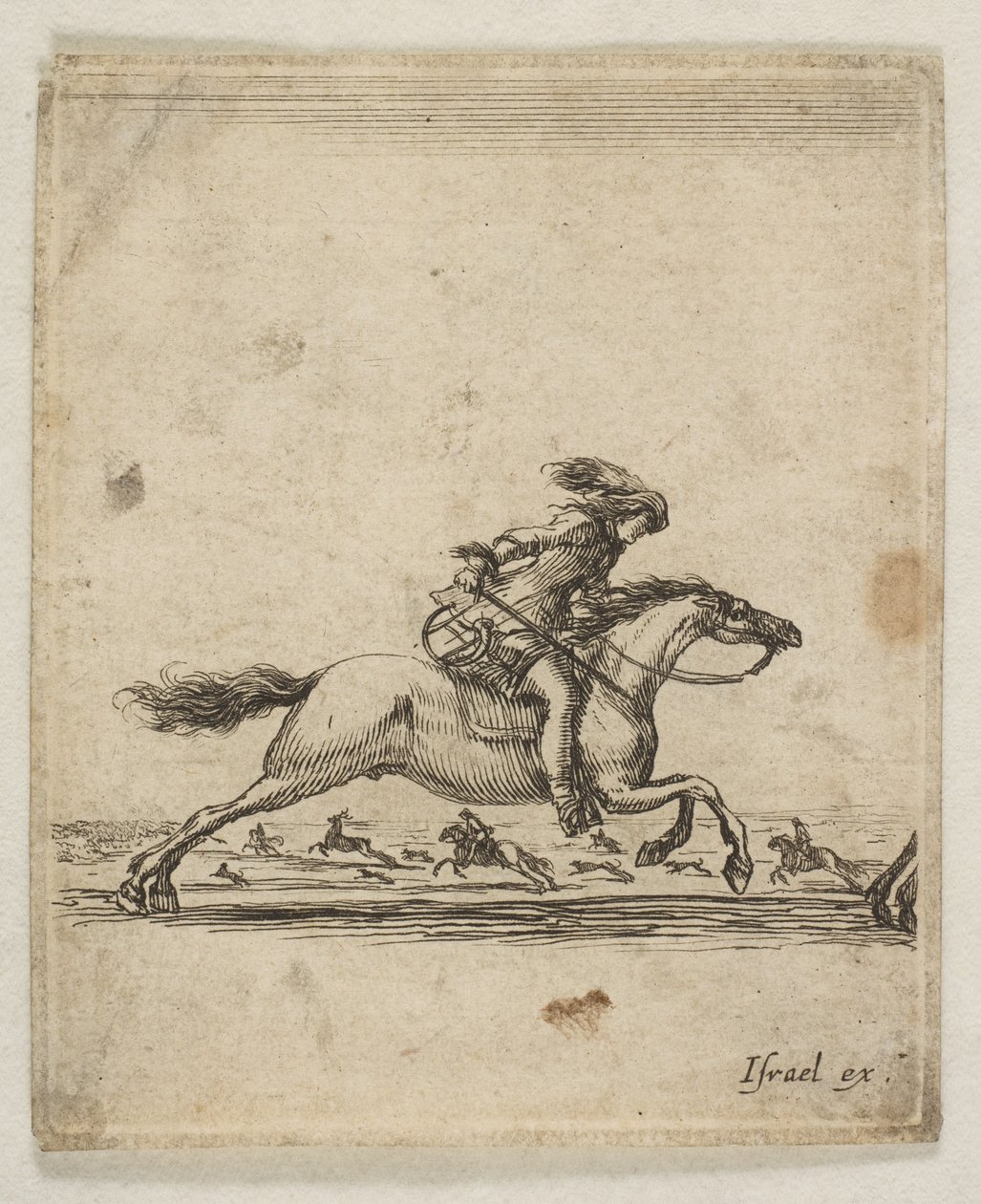 En ryttare med svärd i hand galopperande åt höger, andra ryttare galopperande..., ca. 1645-46. av Stefano della Bella