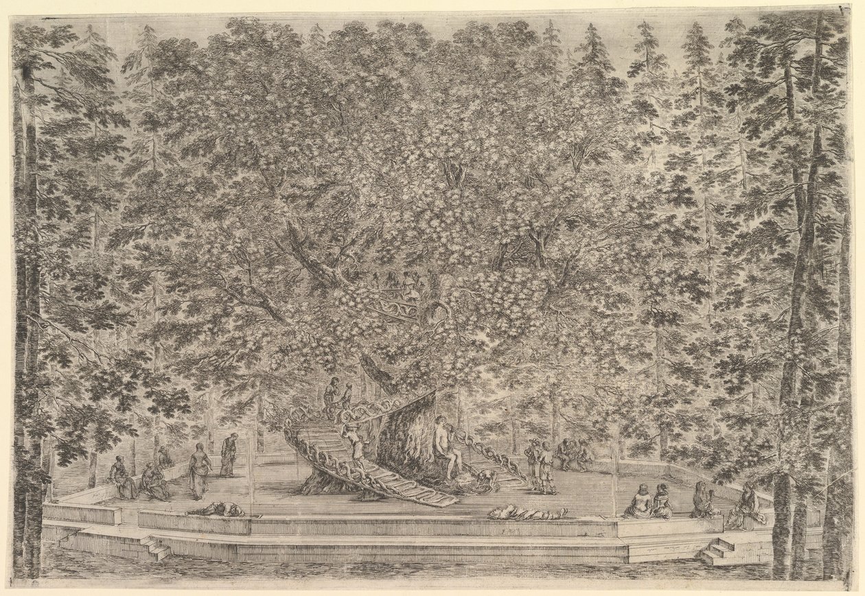 Ett stort bebott träd i centrum med ramper som leder runt stammen, nedanför en stenpa..., ca. 1653. av Stefano della Bella