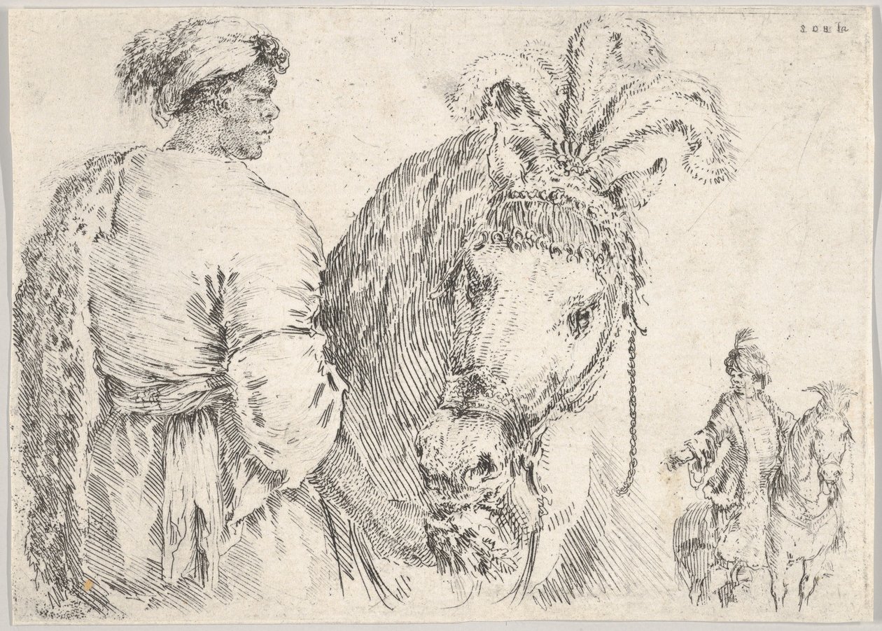 En man till vänster i profilen ger en handfull hö till en häst i mitten, en ryttare till t..., ca. 1662. av Stefano della Bella