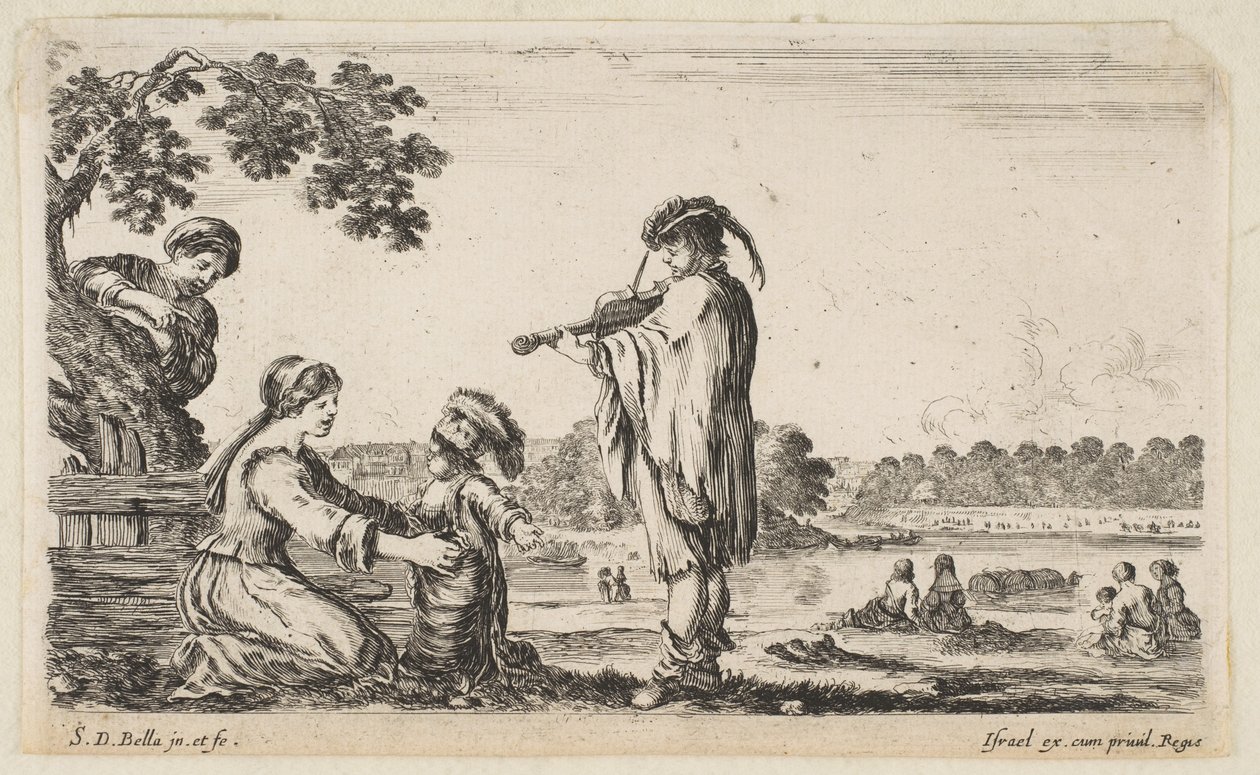 En man som spelar fiol i mitten, vänd åt vänster i profil, en sittande kvinna till ..., 1649. av Stefano della Bella