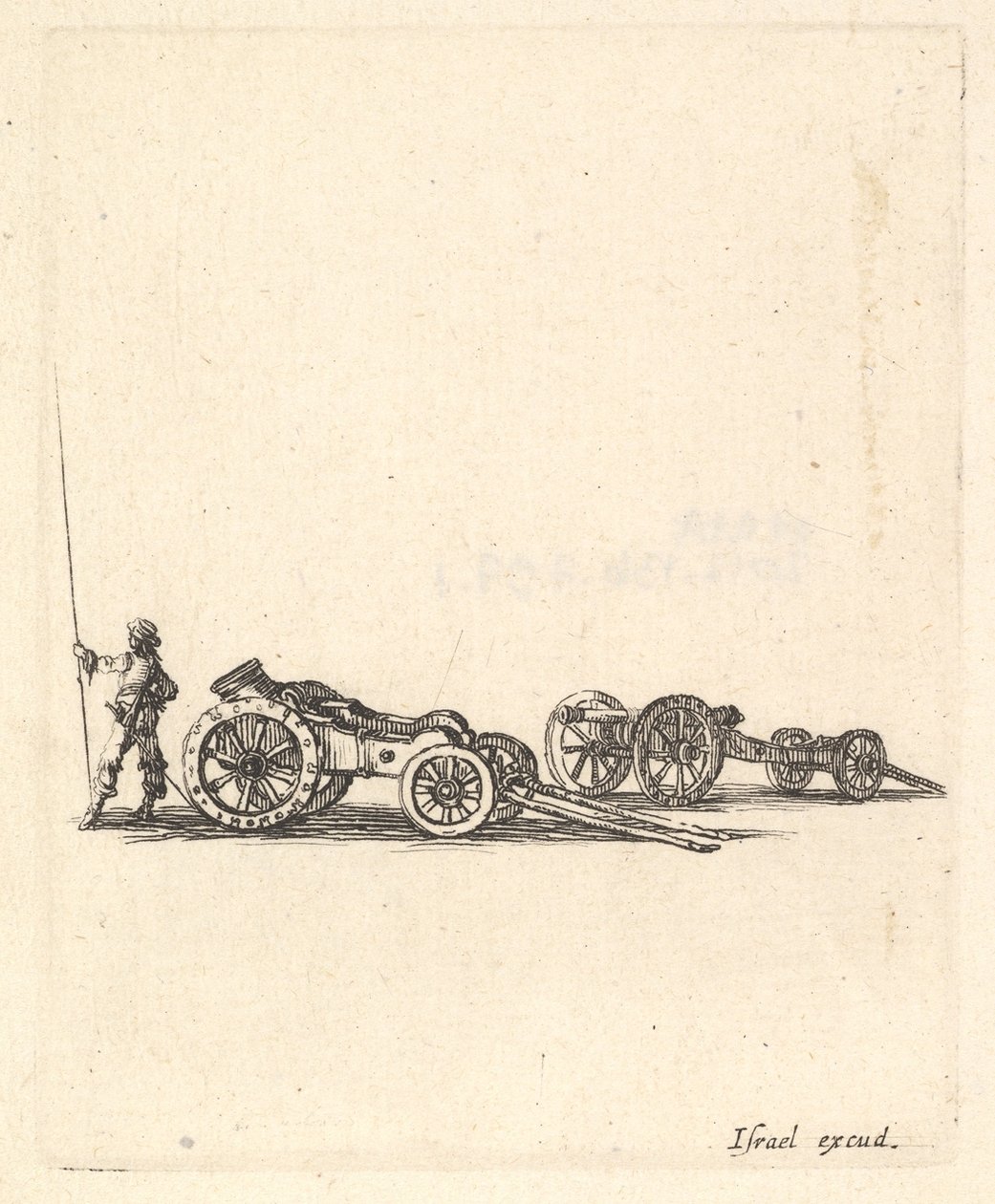 En mortel och en kanon, båda monterade på vagnar, en soldat visad från den bakre sta..., ca. 1638-43. av Stefano della Bella