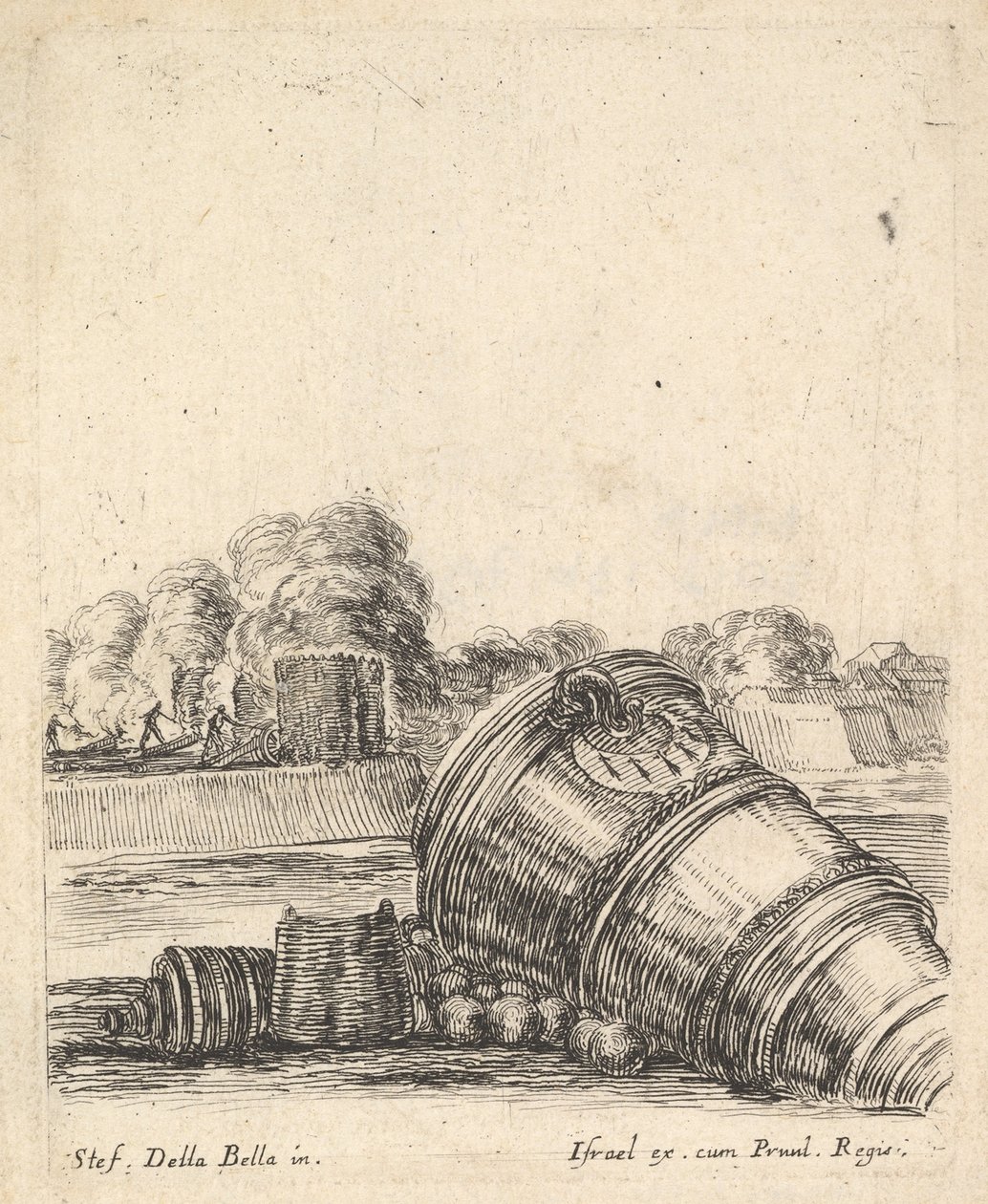 Ett mortel utan vagn liggande på marken till höger, soldater som avfyrar kanon..., ca. 1638-43. av Stefano della Bella