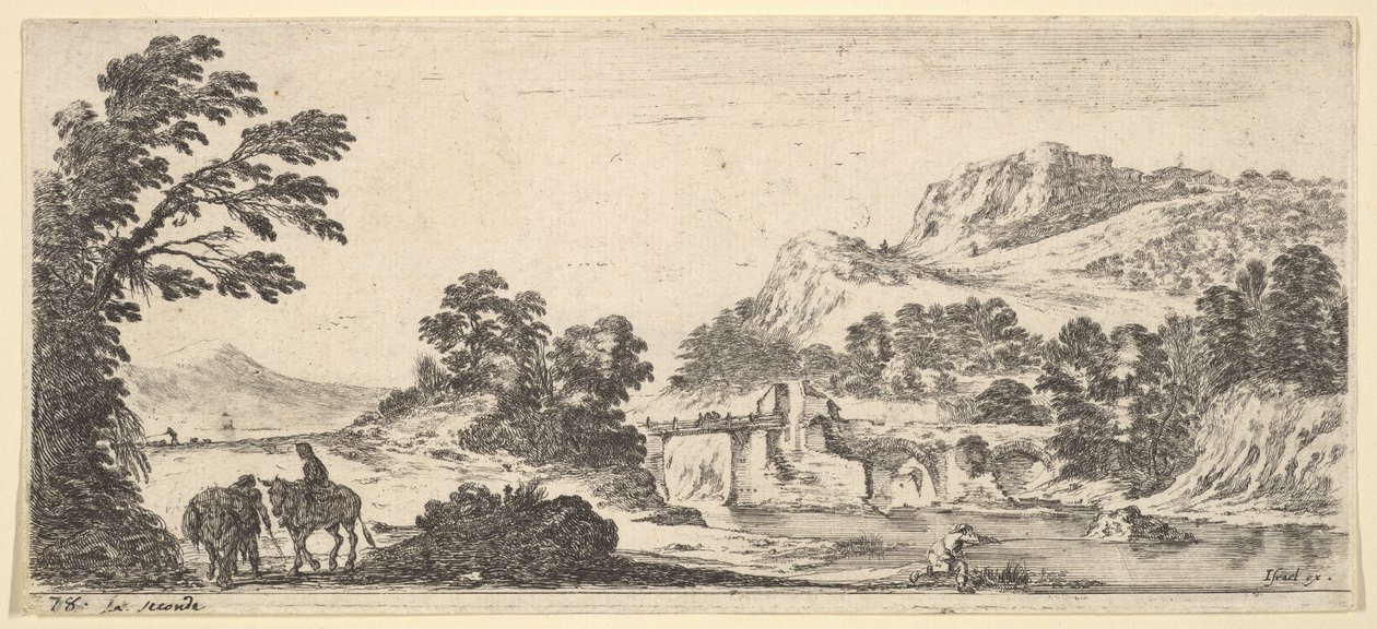 En mula som bär en kvinna och en bonde som går med en mula till vänster, en fiskare till höger..., ca. 1641. av Stefano della Bella