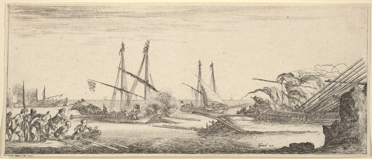 Ett sjöslag, en roddbåt full med män till vänster, ett sjunkande skepp till höger, två galärer ba..., ca. 1641. av Stefano della Bella