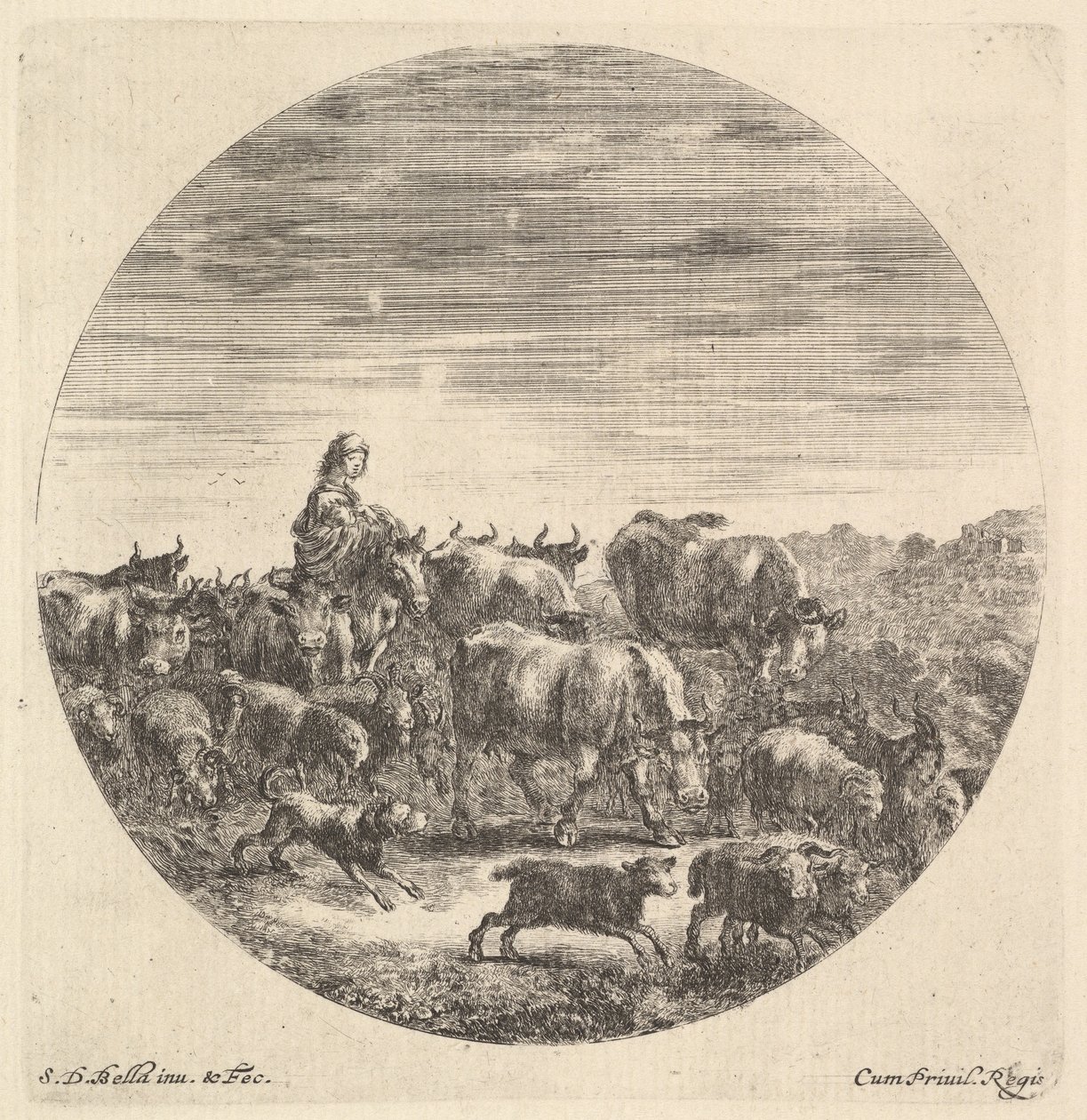 En bondkvinna som satt på en häst till vänster, vänd till höger, omgiven av en flock fc..., ca. 1643-48. av Stefano della Bella