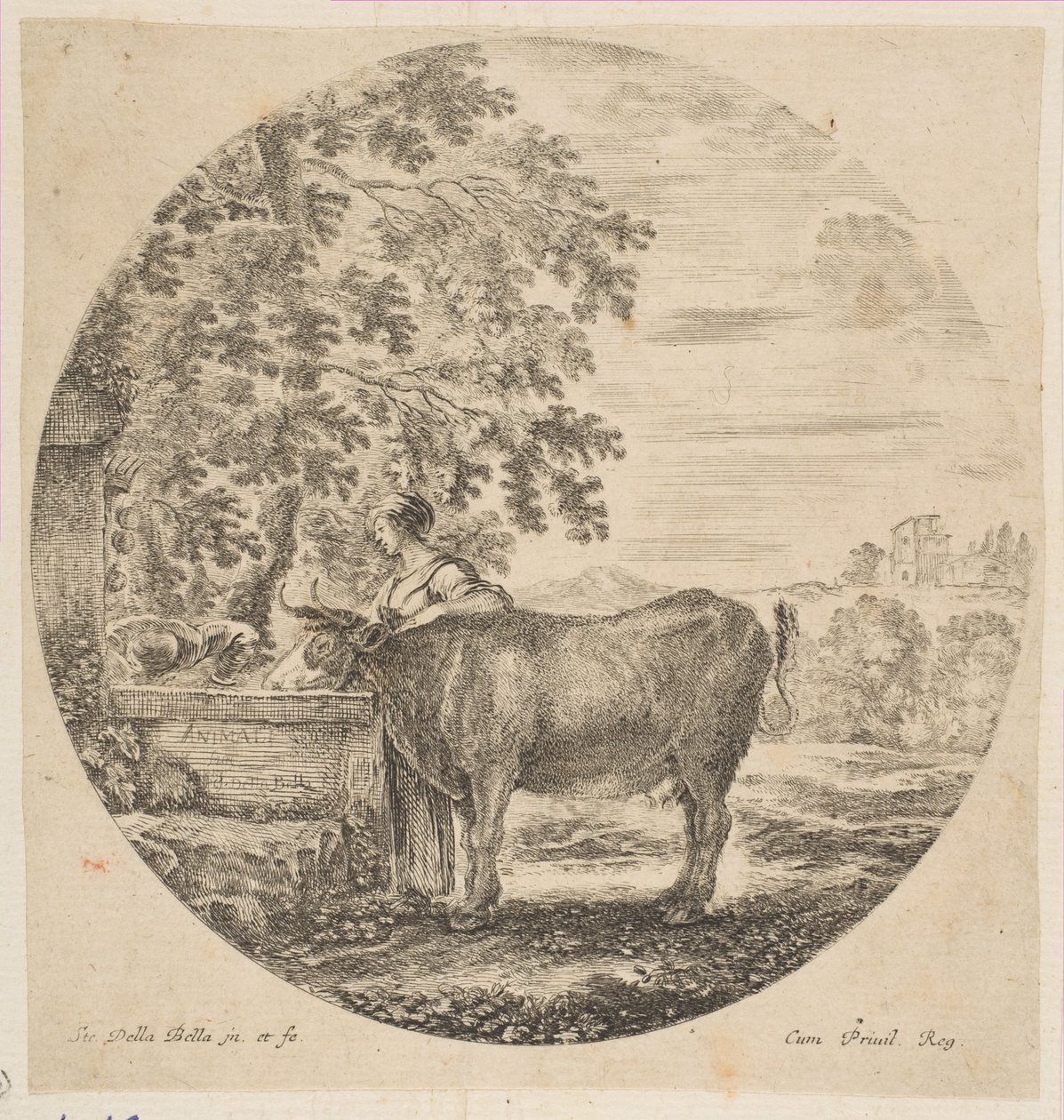 En bondkvinna med en ko vid en fontän dekorerad med Medici-armarna, från Six ani..., ca. 1646. av Stefano della Bella
