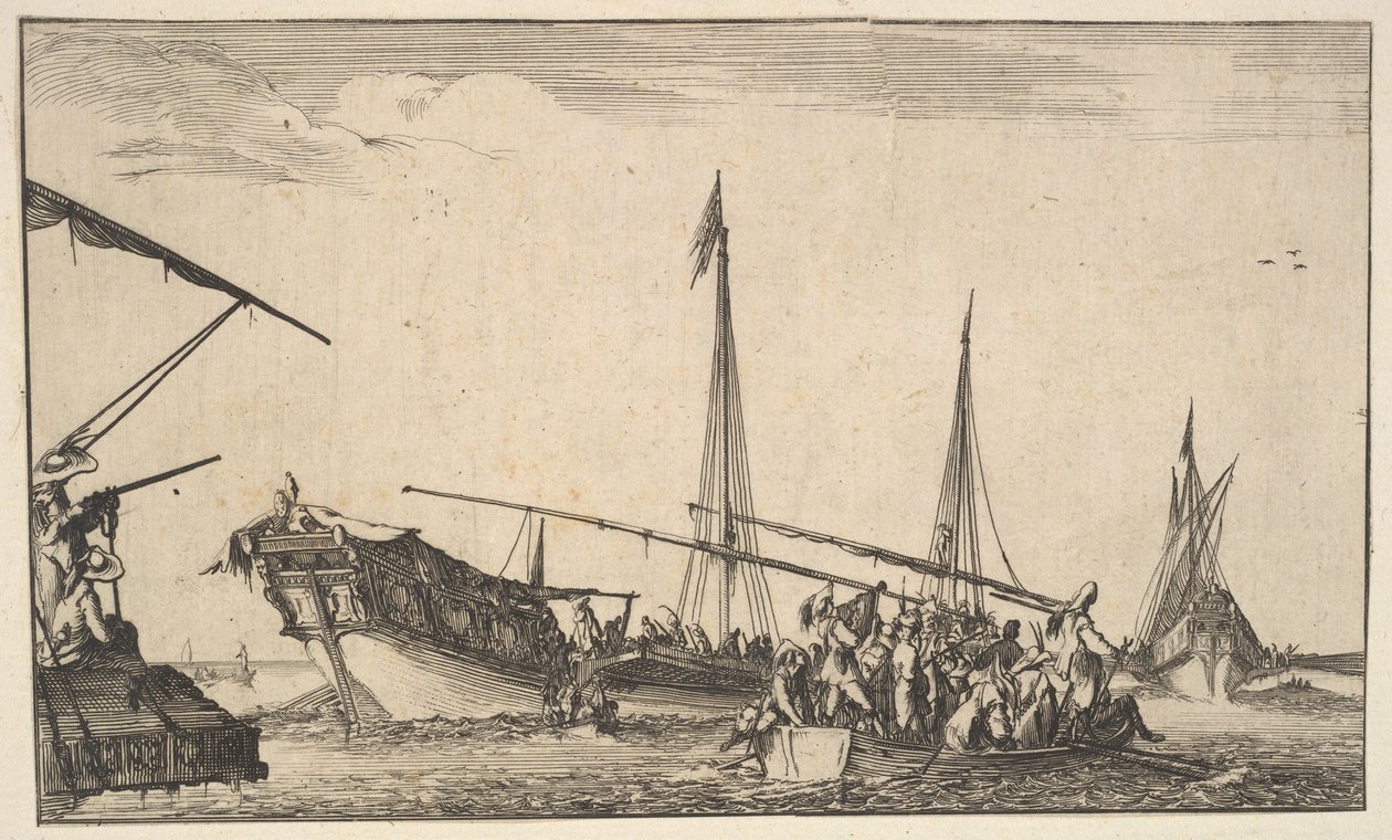 En roddbåt full av män till höger, ett skepp med män som går ner i en roddbåt bakom till vänster..., 1639. av Stefano della Bella