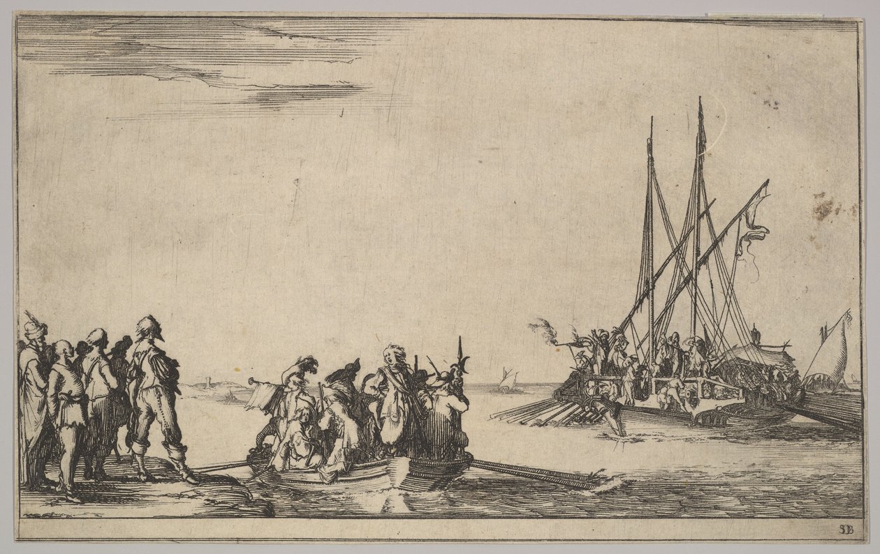 En roddbåt full av män i mitten, en grupp män som står på stranden till vänster, ett skepp fullt av ..., 1639. av Stefano della Bella