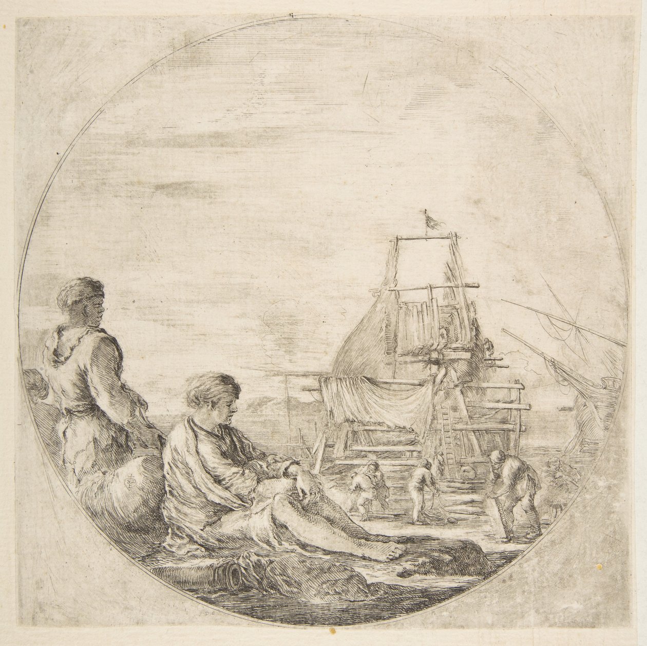 En sittande vit sjöman och en stående svart sjöman, människor som bygger ett skepp i bakgrunden..., ca. 1660. av Stefano della Bella