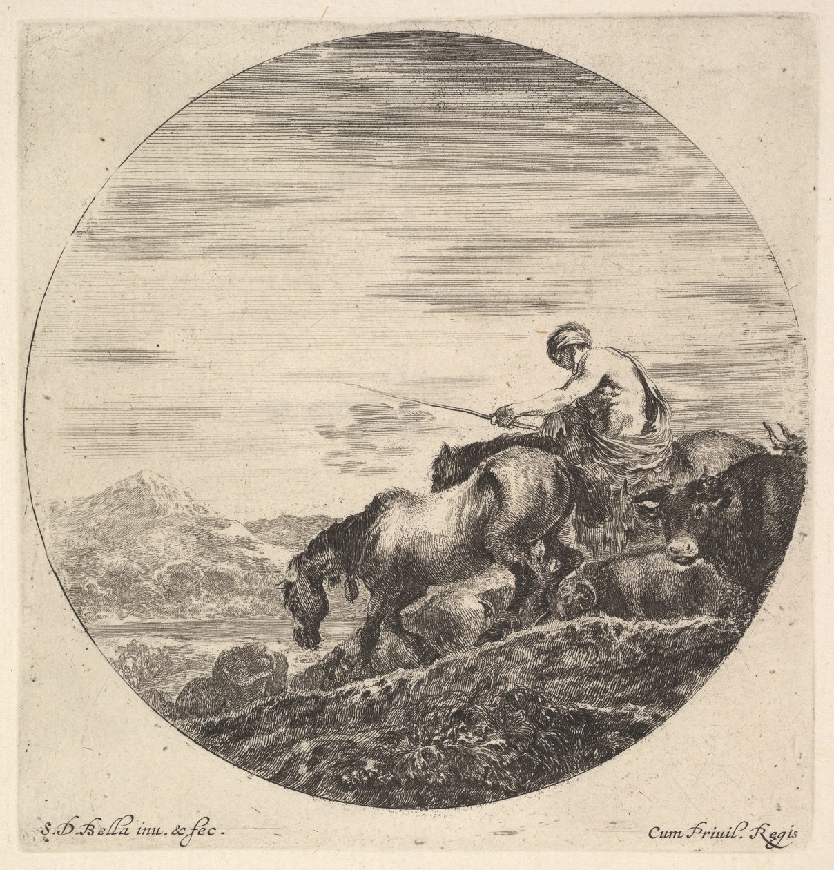 En herde till höger, vänd åt vänster, kör en grupp djur i nedförsbacke, en runda..., ca. 1643-48. av Stefano della Bella