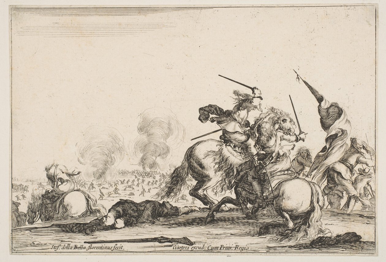 En skärmytsling, två ryttare som slåss med svärd till höger, män som bär en flagga runnin..., ca. 1645. av Stefano della Bella