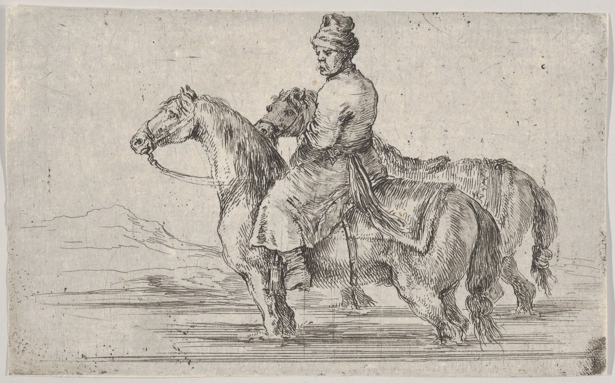 En betjänt som tar två hästar för att bada, sitter ovanpå en häst i en flod, den andra bredvid..., ca. 1662. av Stefano della Bella