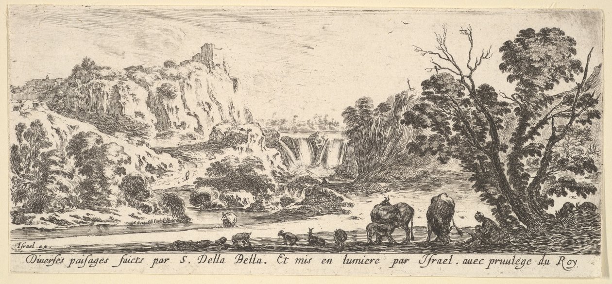 Ett vattenfall som går ner från bergen i mitten av bakgrunden, olika djur och..., ca. 1641. av Stefano della Bella