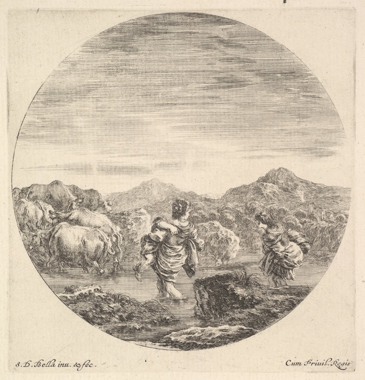 En kvinna som bär ett barn i mitten, sedd bakifrån, en annan kvinna till höger, ansikte..., ca. 1643-48. av Stefano della Bella