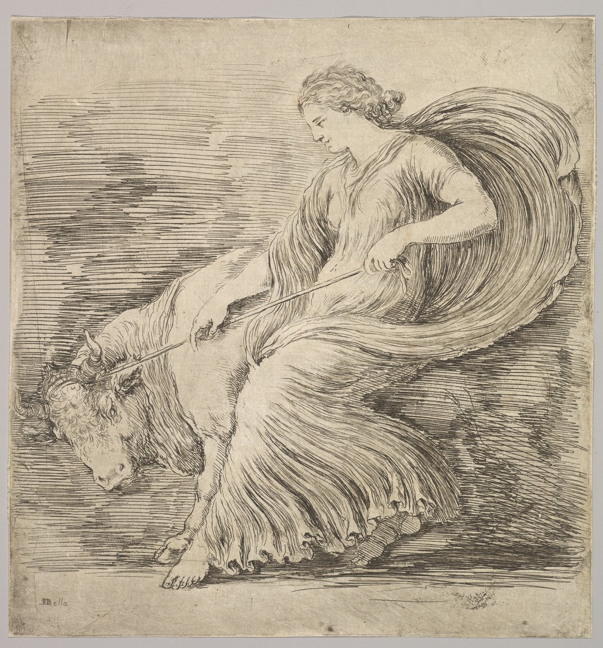 En kvinna i profil som drar sig tillbaka i ett rep knutet runt hornen på en ung tjur, ca. 1660. av Stefano della Bella