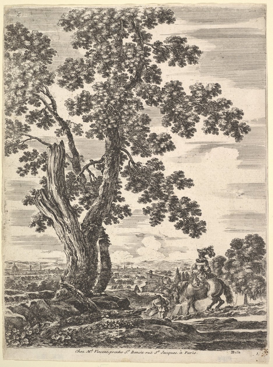 En kvinna till häst sedd bakifrån nedför en kulle till höger, ett stort träd ..., ca. 1652-57. av Stefano della Bella