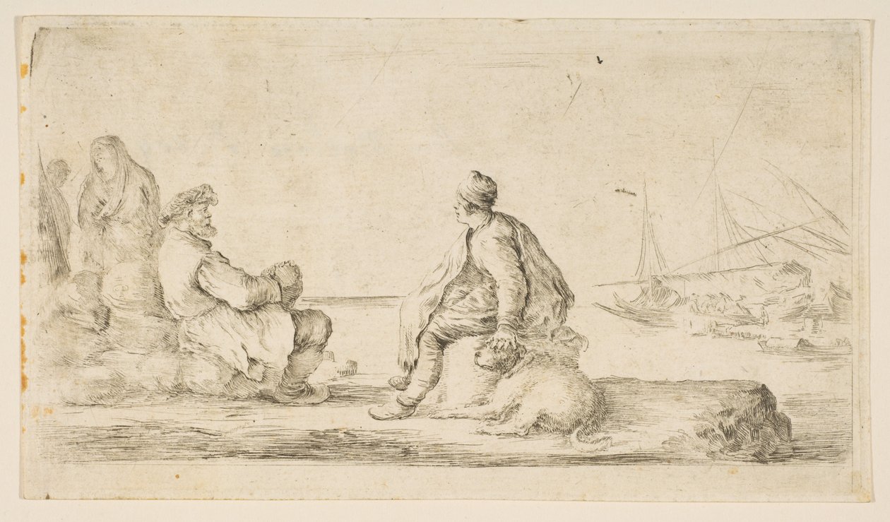 En ung sjöman och en gammal man som sitter vid havet, 1600-talet. av Stefano della Bella