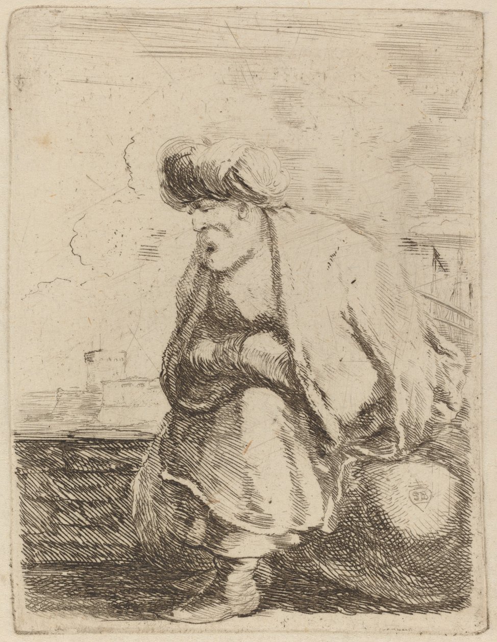En gammal turk med turban som sitter på en sten av Stefano della Bella